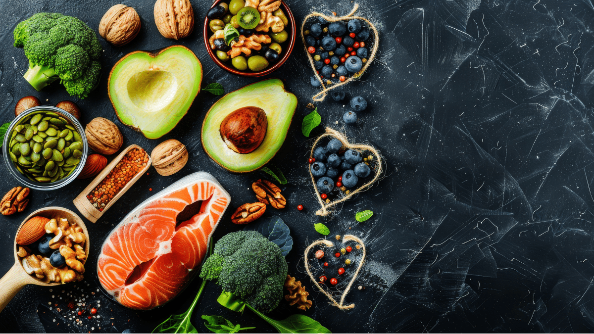 Nutrient-dense foods including salmon, avocado, leafy greens, seeds, and berries arranged on a dark background for a demodex diet and skin inflammation article.