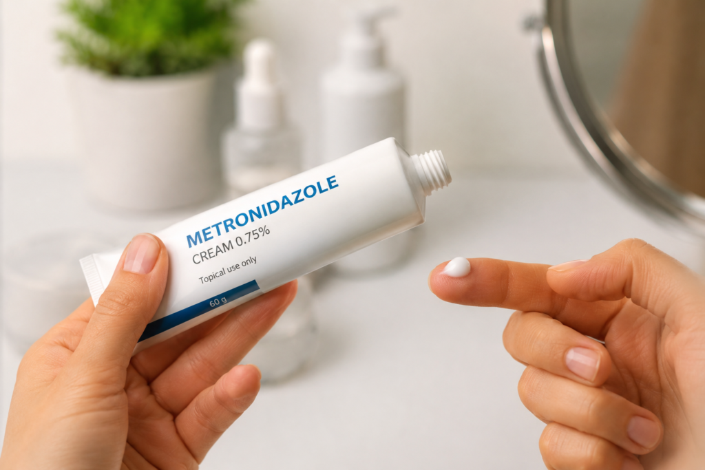 Metronidazole cream treatment for Demodex and Rosacea applied to inflamed facial skin.