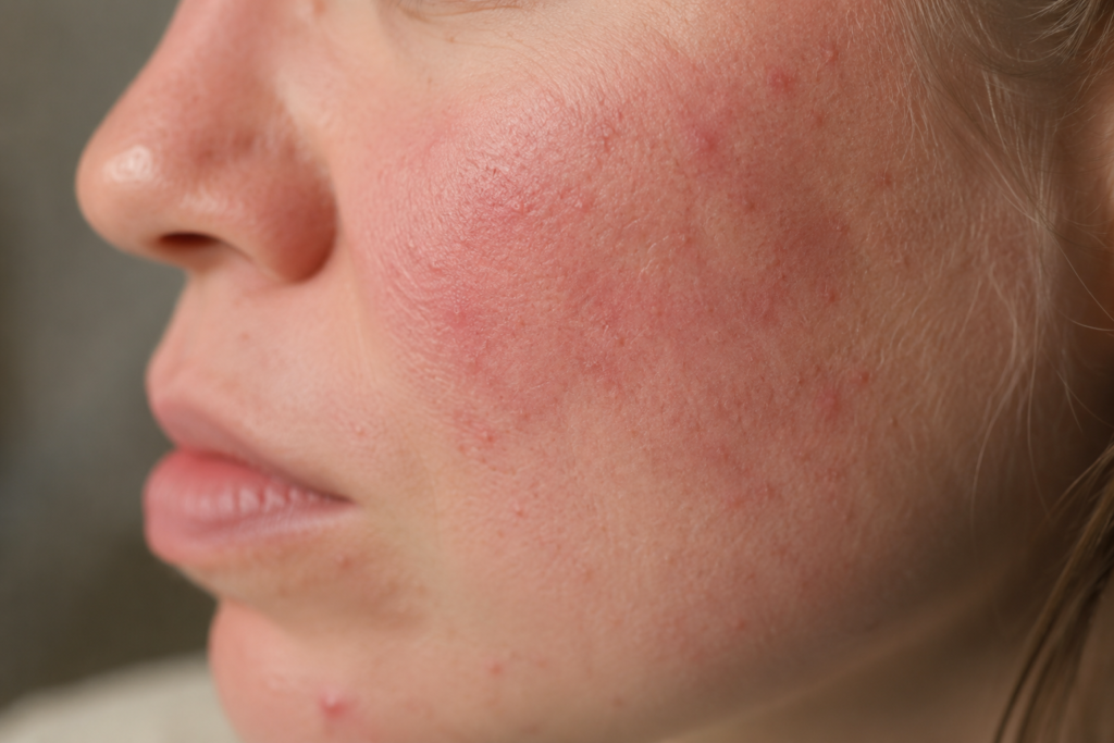 The Pathophysiology of Demodex and Rosacea showing facial inflammation and skin irritation on the cheek.