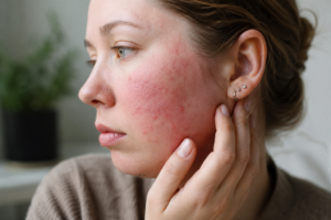 Demodex and Rosacea close-up showing facial redness and inflamed skin on a woman’s cheek.