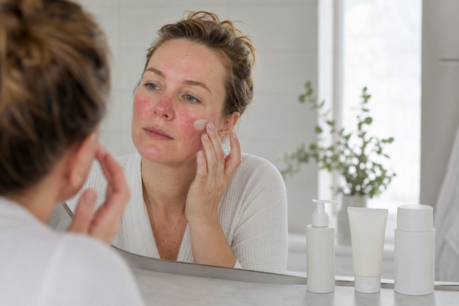 Woman applying gentle cream for Demodex Mites Rosacea redness